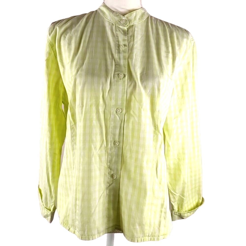 Talbot's Women's Shirt Quarter Sleeve Size Large Cotton Lime Green Plaid